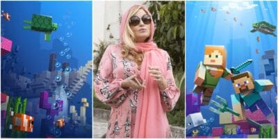 Jennifer Coolidge in 'White Lotus' surrounded by an underwater Minecraft world