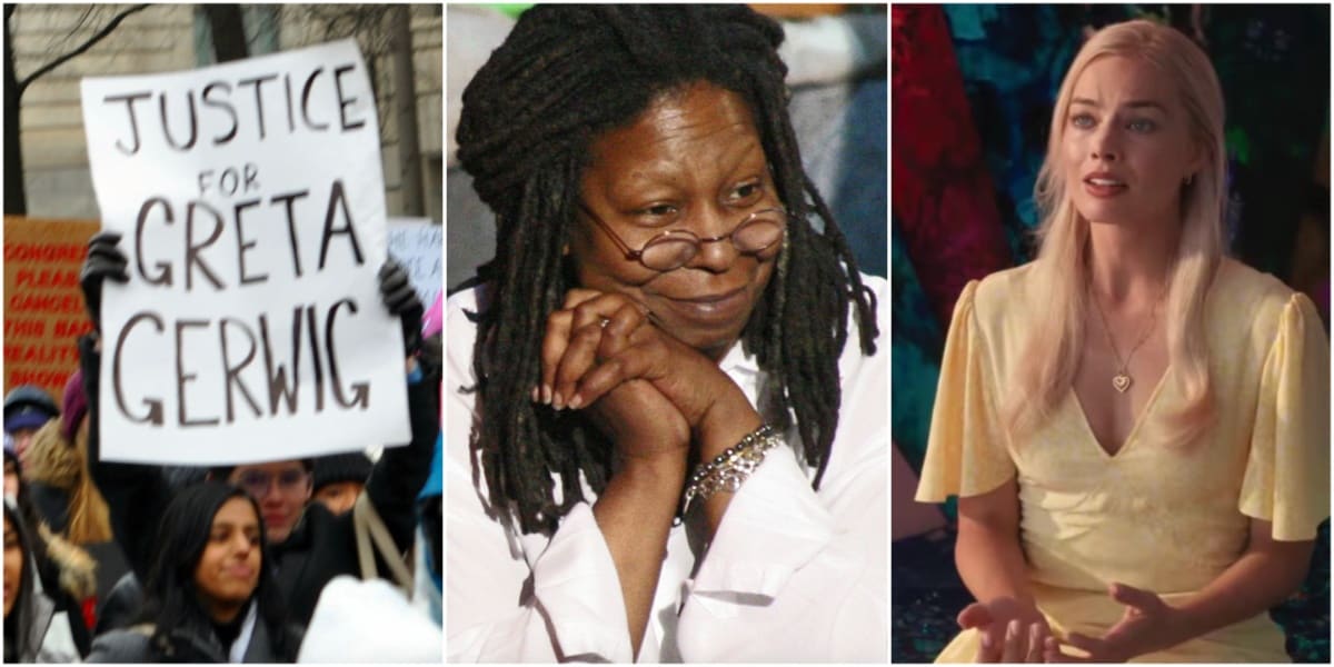 A sign reading "Justice for Greta Gerwig," Whoopi Golfber looking down her glasses, Margot Robbie about to cry