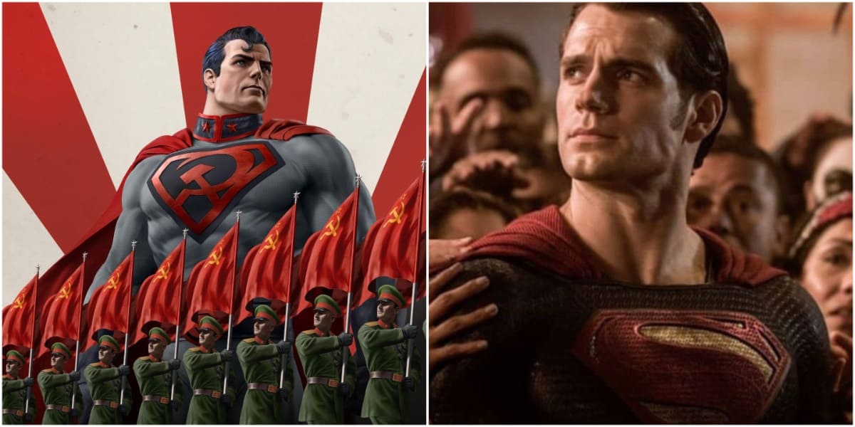 Communist Superman looking into the distance surrounded by socialist imager, Superman being touched by multiple people