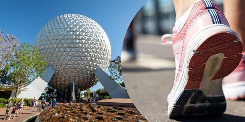 A person running inside of Disney World with the Spaceship Earth ball from EPCOT to the left.