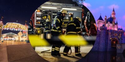Firefighters helping a guest with Disneyland in the background.