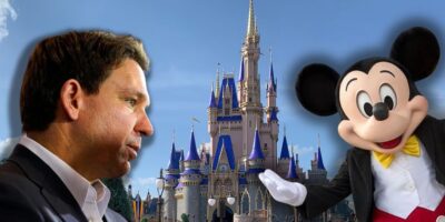 Mickey Mouse and Ron DeSantis inside of Disney World.