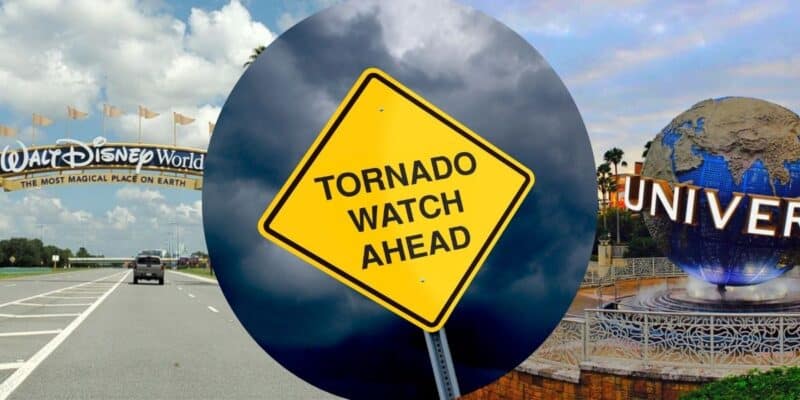 A "Tornado Watch" sign in the middle of the Disney World entrance and the Universal Orlando Resort globe.