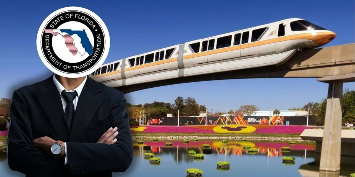 A person with their arms crossed with the Florida Department of Transportation logo as a head inside of EPCOT in front of the Disney World monorail system.