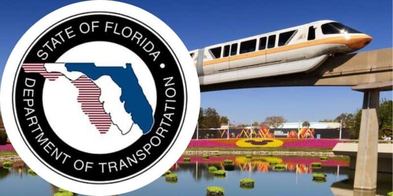 The logo for the Florida Department of Transportation lingering next to the Disney World monorail system.