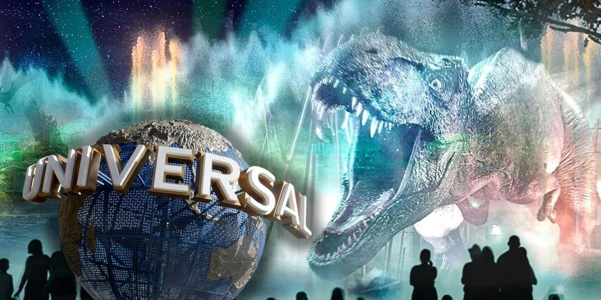 The Universal globe in front of the former Universal Studios Florida lagoon entertainment show with the T-Rex from 'Jurassic Park'.