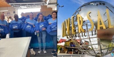 Volunteers standing in front of the Universal Studios Hollywood globe.
