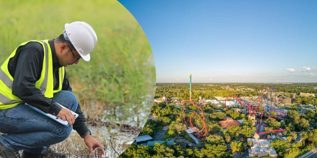A construction worker overlooking a water spill at Busch Gardens Tampa Bay.