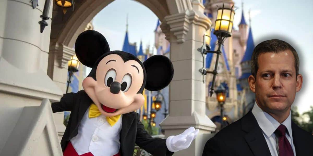 Democratic Prosecutor Andrew Warren looking at Mickey Mouse inside of Disney World. 