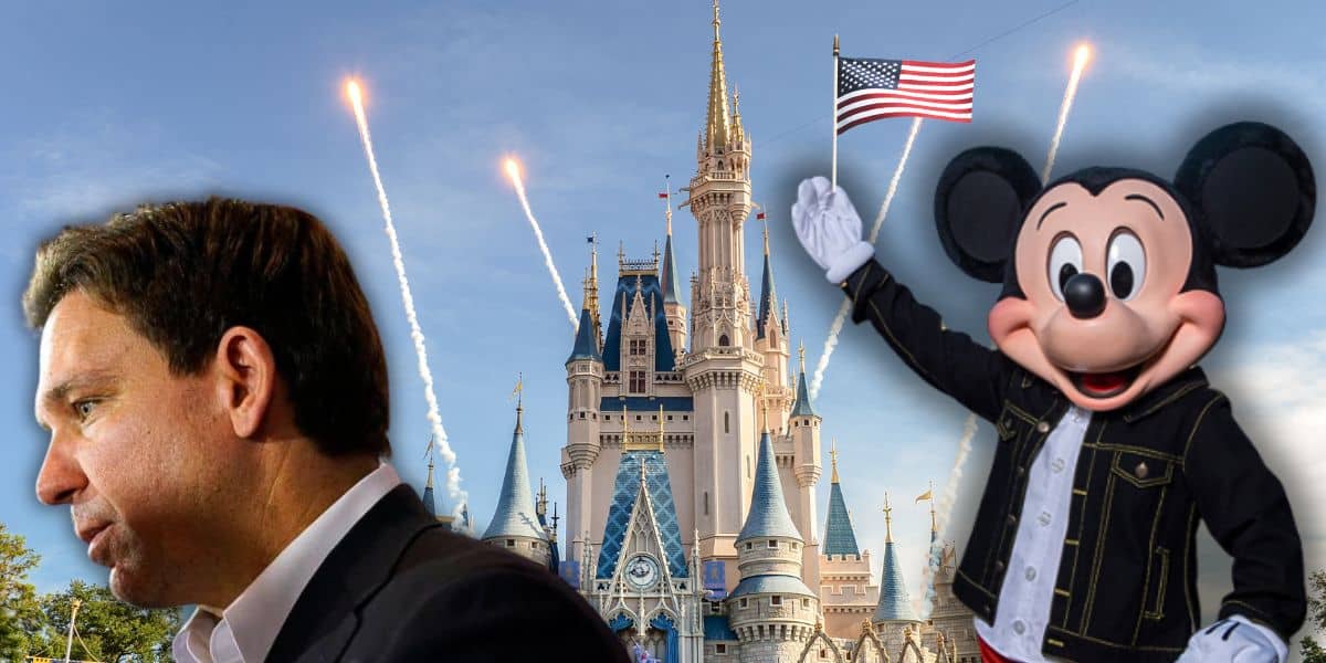 Ron DeSantis looking sad and defeated as Mickey Mouse waves an American flag inside of Disney World.