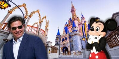 Ron DeSantis smiling and looking at Mickey Mouse, who has his hands on his mouth, inside of Disney World.