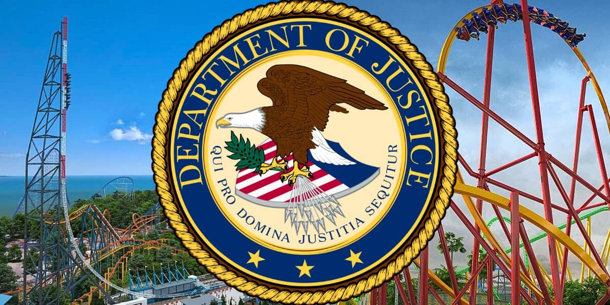 The United States Department of Justice emblem over Cedar Fair and Six Flags theme parks.