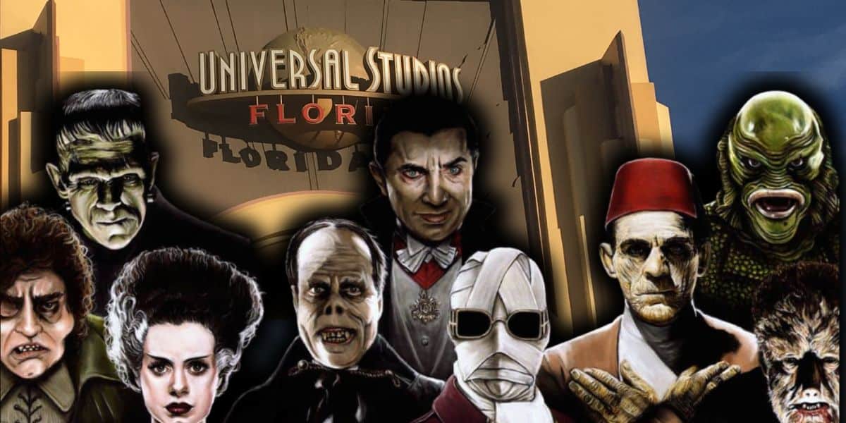 The Universal Orlando Resort classic monsters in front of the Universal Studios Florida arches. 