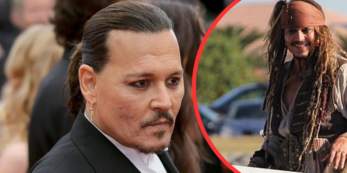 Johnny Depp next to image of him smiling on set of Pirates of the Caribbean