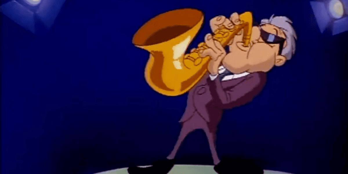 An animated Bill Clinton plays the saxophone.