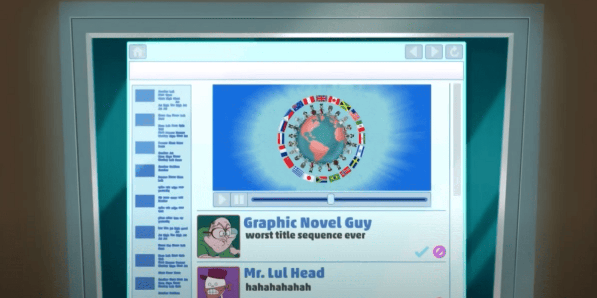 A troll hates on the 'Animaniacs' theme song online in a shot from the show's opening sequence. 