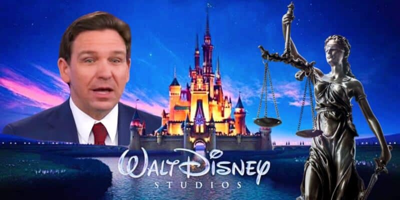 DeSantis with justice scales over Walt Disney Studios logo