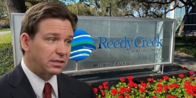 Florida Governor Ron DeSantis superimposed in front of Reedy Creek
