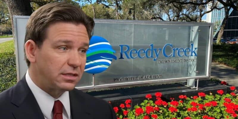 Florida Governor Ron DeSantis superimposed in front of Reedy Creek