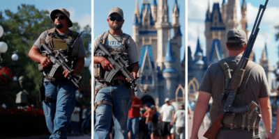 Three guests (photoshopped) carrying guns in front of Cinderella Castle at Walt Disney World Resort.