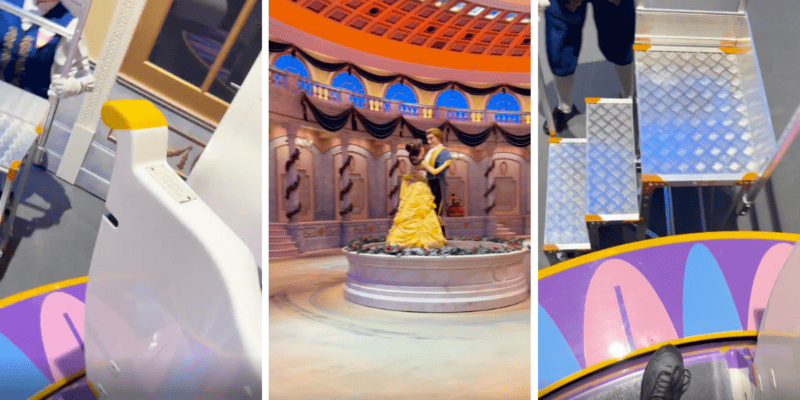 Guests evacuate Enchanted Tale of Beauty and the Beast, a ride at Tokyo Disneyland.