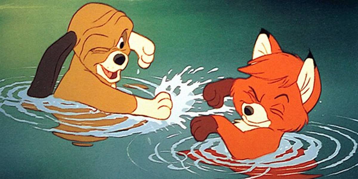 Tod and Copper splashing water in 'The Fox and the Hound'