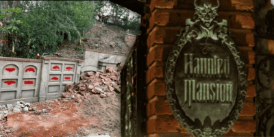 Left: Bricks and spray paint litter the Haunted Mansion queue. Right: The sign at the entrance to the Haunted Mansion at Disneyland.