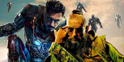 Tony Stark/Iron Man (Robert Downey Jr.) (left) and Trevor Slattery as "The Mandarin" (Ben Kingsley) (right), from Iron Man 3