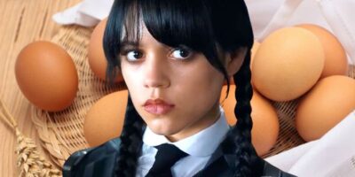 Jenna Ortega as Wednesday Addams over a basket of eggs