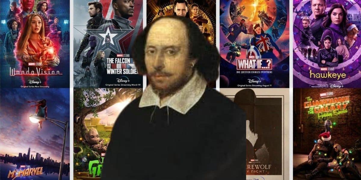William Shakespeare superimposed over thumbnails for Marvel shows