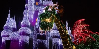 Pete's Dragon in front of Cinderella Castle