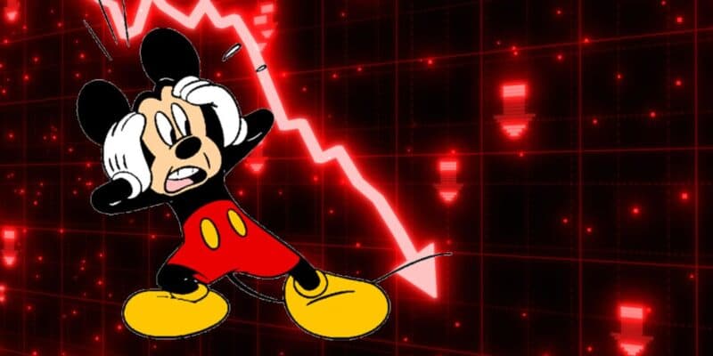 Shocked Mickey Mouse next to a descending stock arrow