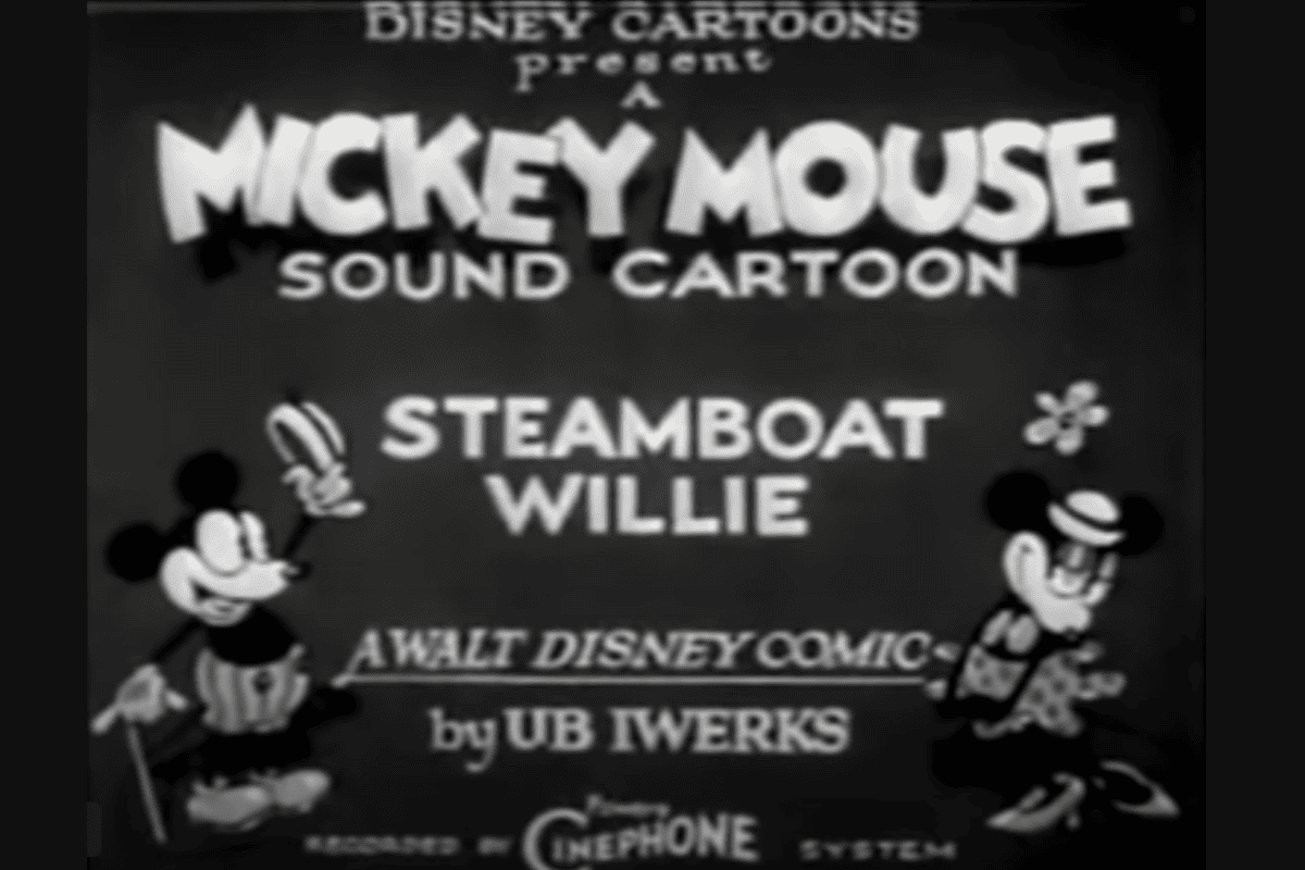 Mickey and Minnie Mouse on the title screen of 'Steamboat Willie.' 
