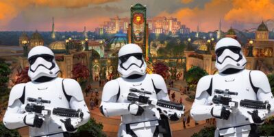 The concept artwork entrance for Epic Universe with Disney World stormtroopers guarding the front.