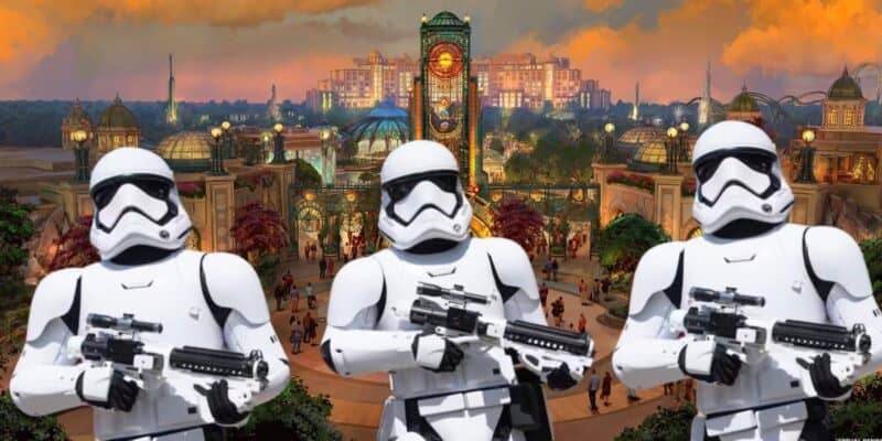 The concept artwork entrance for Epic Universe with Disney World stormtroopers guarding the front.