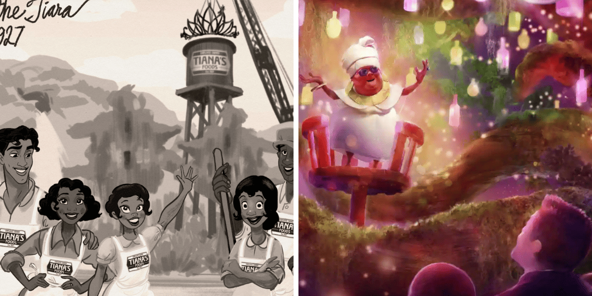 Two pieces of concept art for Tiana's Bayou Adventure. 