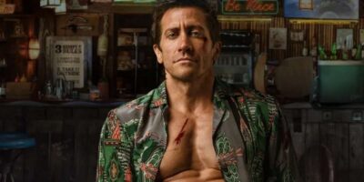 Jake Gyllenhaal shirtless in a promotional photo for 'Road House' (2024)
