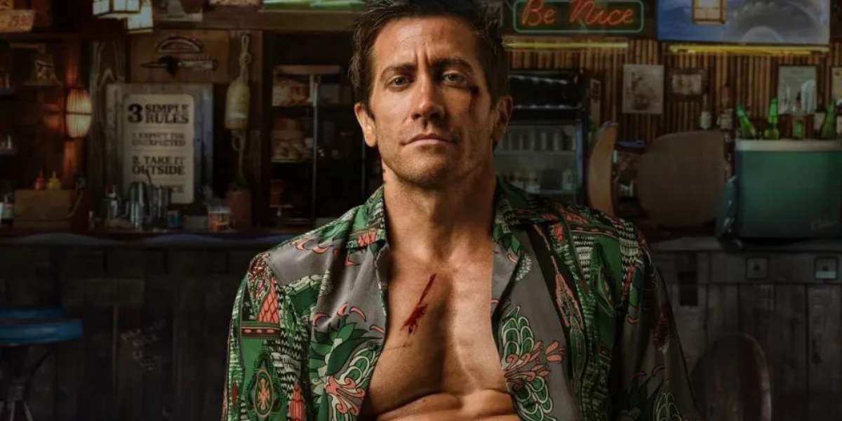 Jake Gyllenhaal shirtless in a promotional photo for 'Road House' (2024)