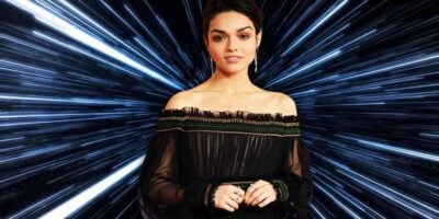 Rachel Zegler against a Star Wars backround