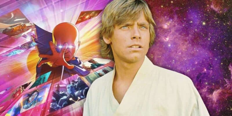 Luke Skywalker (Mark Hamill) from 'Star Wars' stands in front of The Watcher (Jeffrey Wright) from 'Marvel Studios' What If...?'