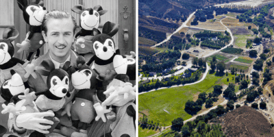 Left: Walt Disney pictured holding multiple Mickey Mouse dolls. Right: An aerial photo of Golden Oak Ranch in California.