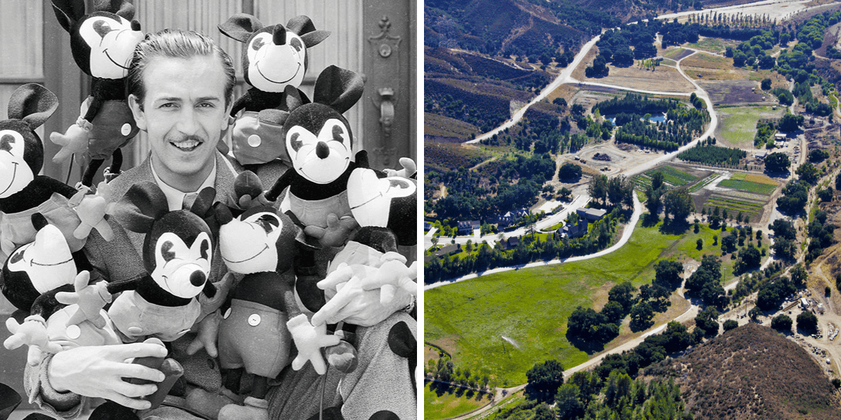 Left: Walt Disney pictured holding multiple Mickey Mouse dolls. Right: An aerial photo of Golden Oak Ranch in California.