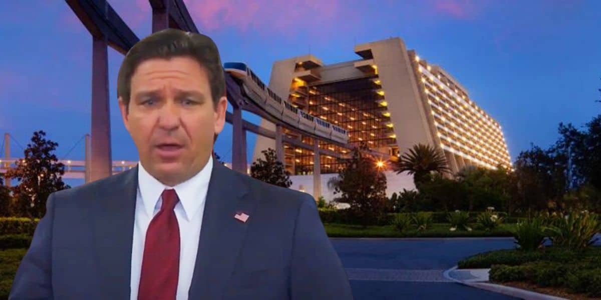 DeSantis looking shocked in front of Disney's Contemporary Resort