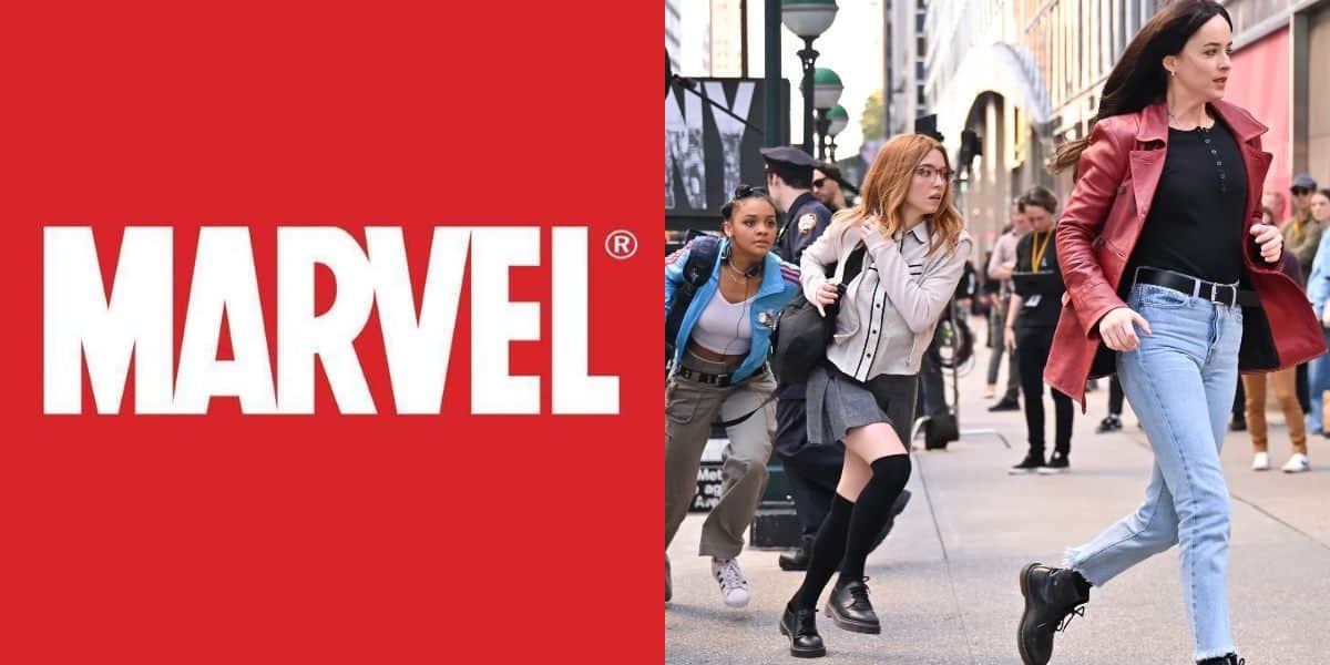 Marvel logo next to characters from 'Madam Web'