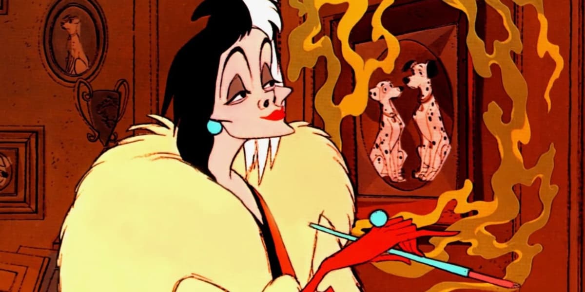 Cruella De Vil smoking a long cigarette with the smoke surrounding a picture of the dalmationsDisney