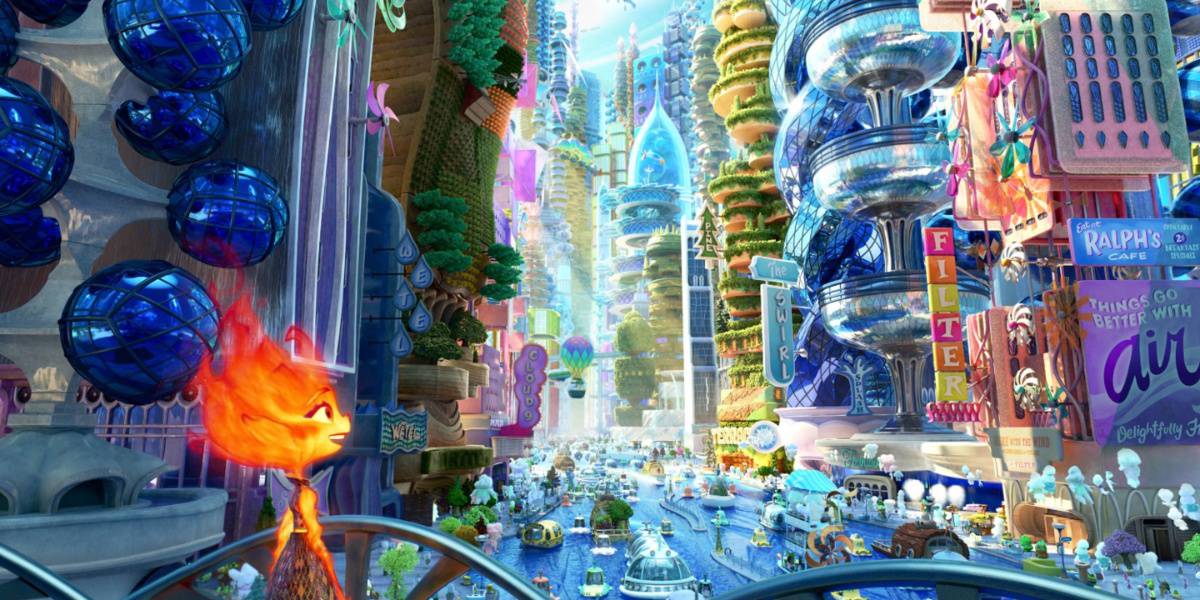 Ember looking at a bustling part of Element City