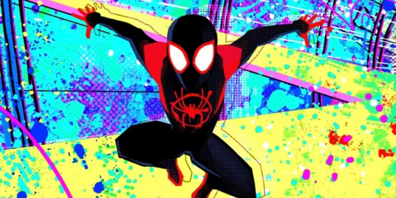 Miles Morales leaping through a neon-colored background in Across the Spider-Verse