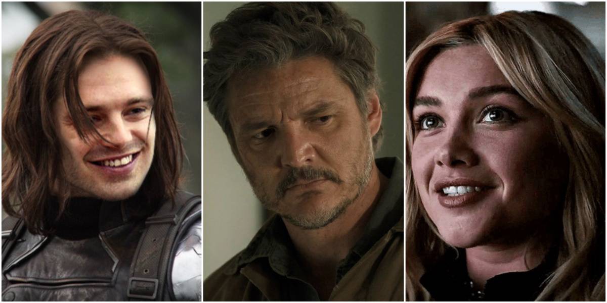 Bucky Barnes smiling, Pedro Pascal grimacing, Florence Pugh smiling