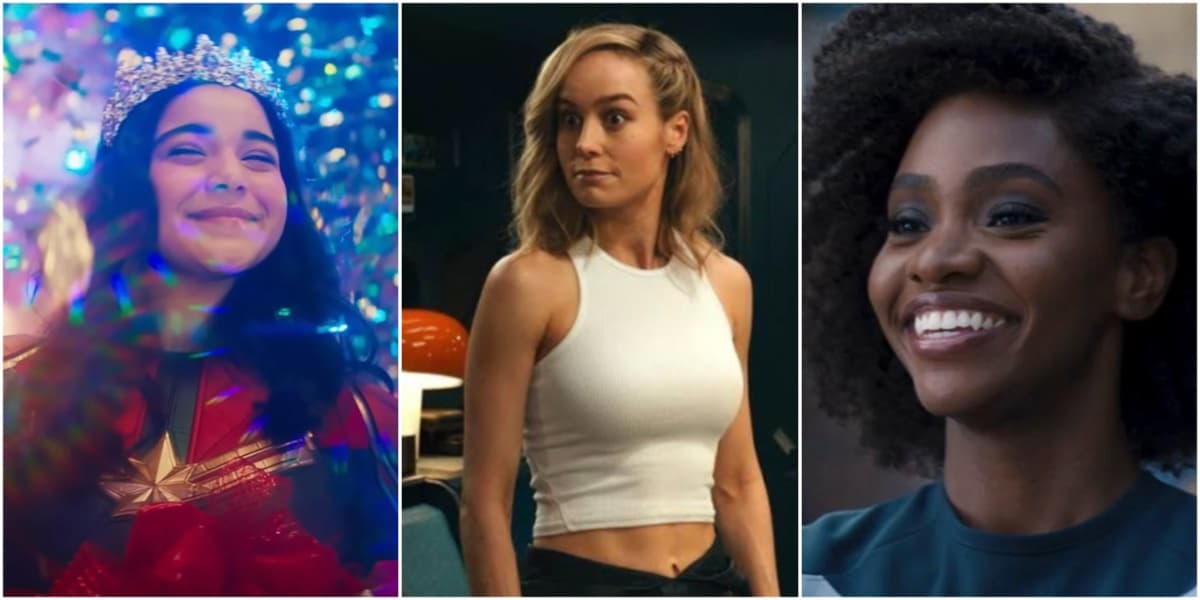Kamala Khan smiling in a tiara surrounded by confetti, Captain Marvel looking surprised in her iconic tank top, Monica Rambeau smiling in uniform