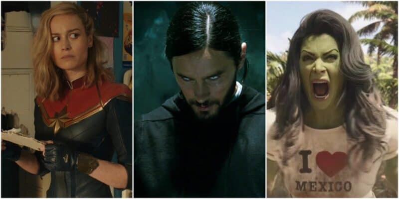 Captain Marvel looking to the side uncomfortably, Jared Leto trying to be as menacing as possible as Morbius, She-Hulk screaming in Mexico